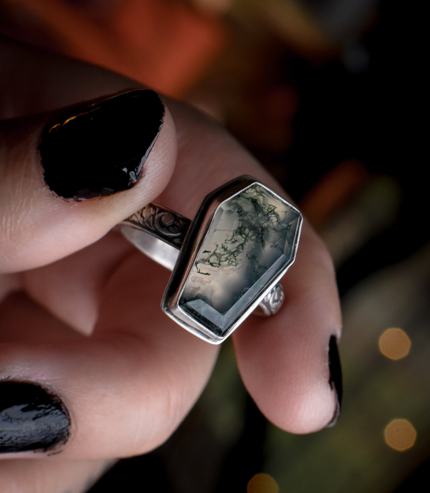 Moss Agate Coffin Ring 9 1/4 US | Sterling Silver