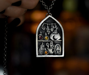 Kitchen Witch Shelf, Tourmaline, Hessonite Garnet, Citrine. Sterling silver.