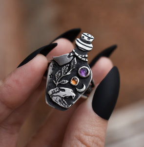 Witchy Potion Ring, Amethyst, Hessonite Garnet, Sterling silver.