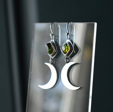Load image into Gallery viewer, Witchy Moon Earrings, Tourmaline, Sterling silver.

