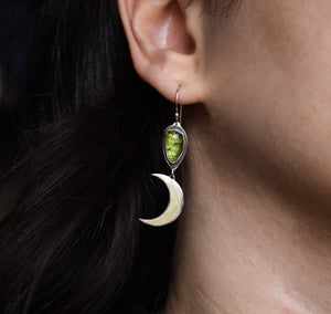 Witchy Moon Earrings, Tourmaline, Sterling silver.
