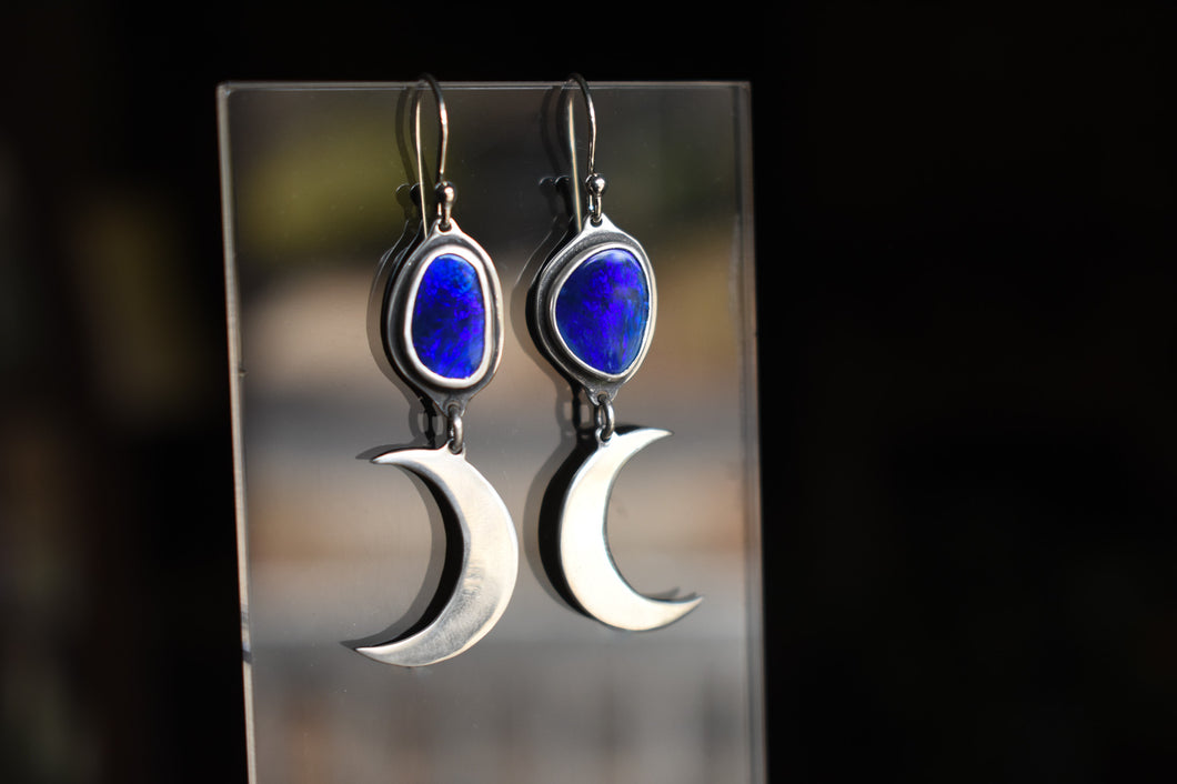 Witchy Moon Earrings, Australian Opal, Sterling silver.
