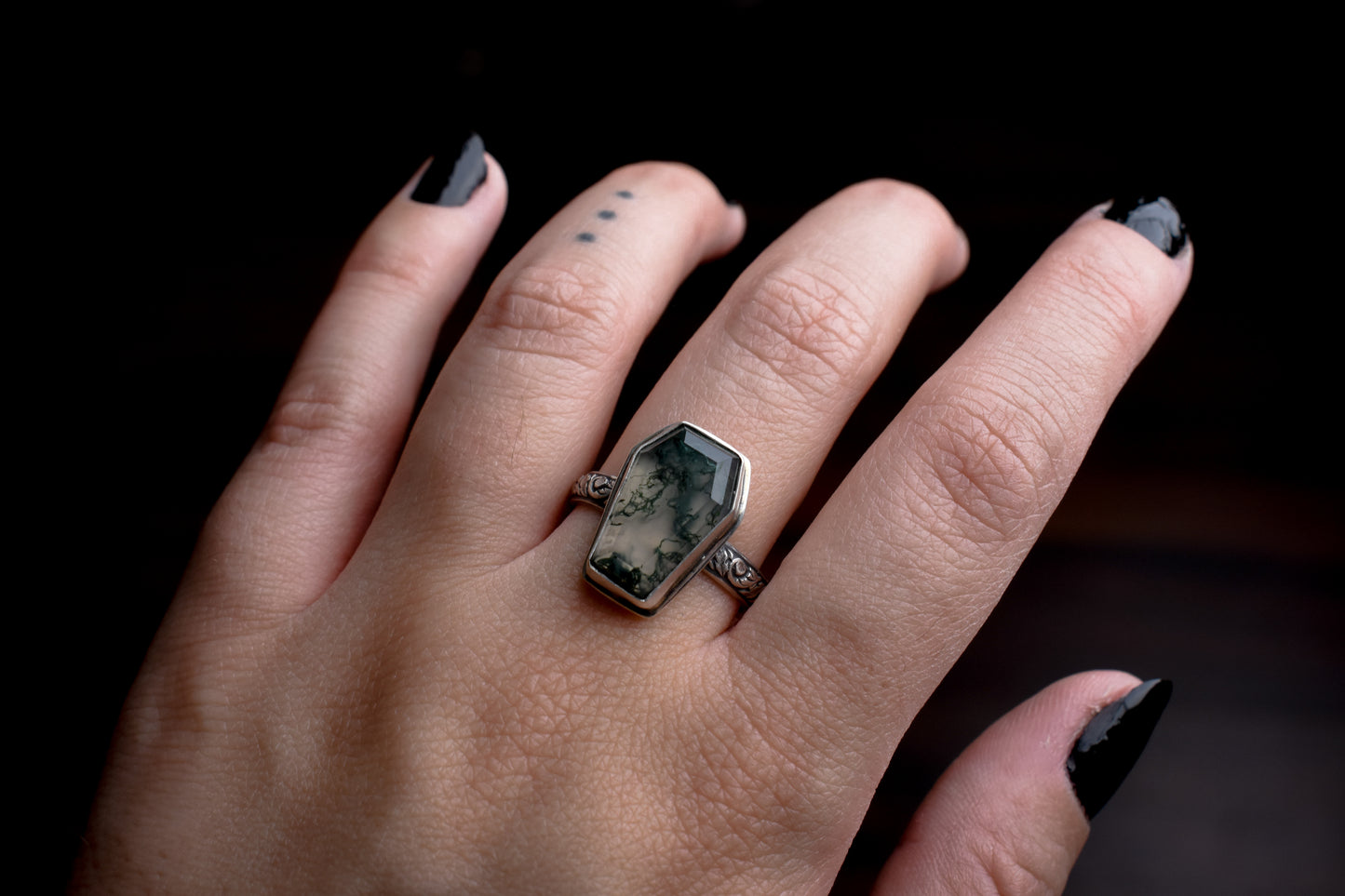 Moss Agate Coffin Ring 9 1/4 US | Sterling Silver