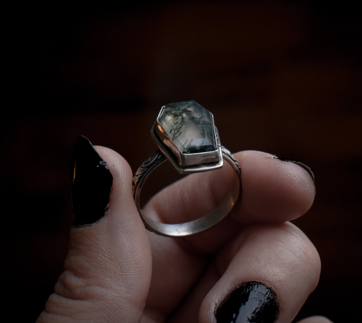 Moss Agate Coffin Ring 9 1/4 US | Sterling Silver