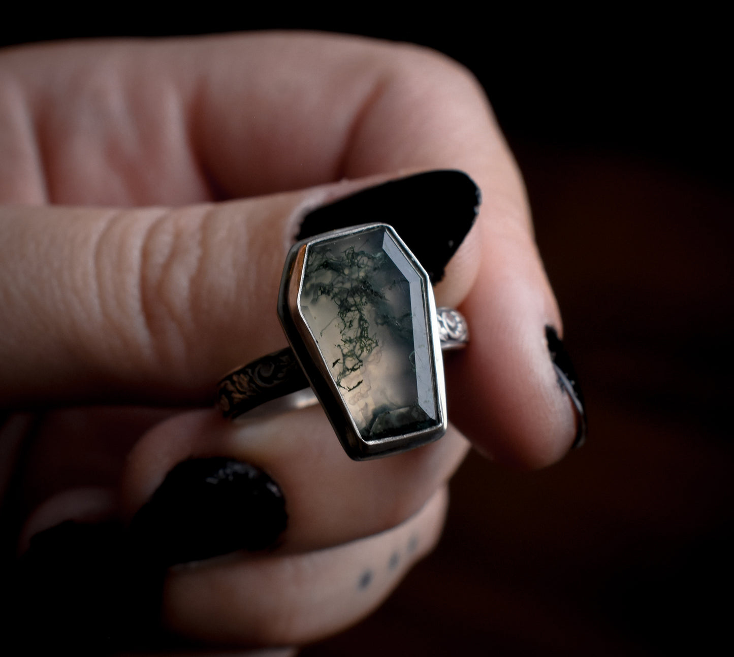 Moss Agate Coffin Ring 9 1/4 US | Sterling Silver