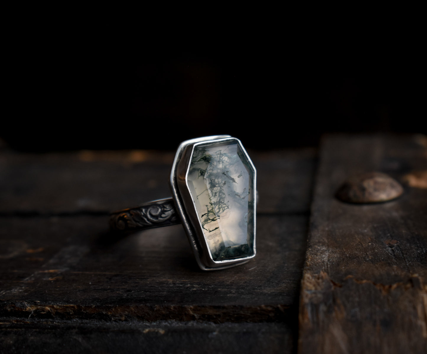 Moss Agate Coffin Ring 9 1/4 US | Sterling Silver