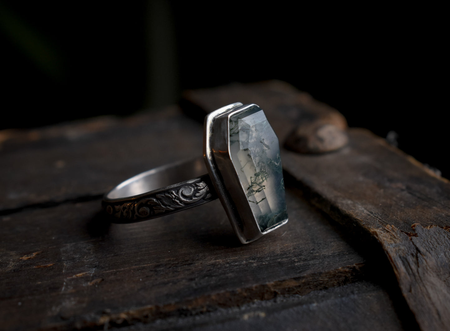 Moss Agate Coffin Ring 9 1/4 US | Sterling Silver