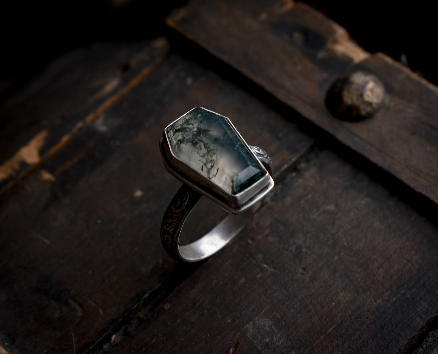 Moss Agate Coffin Ring 9 1/4 US | Sterling Silver