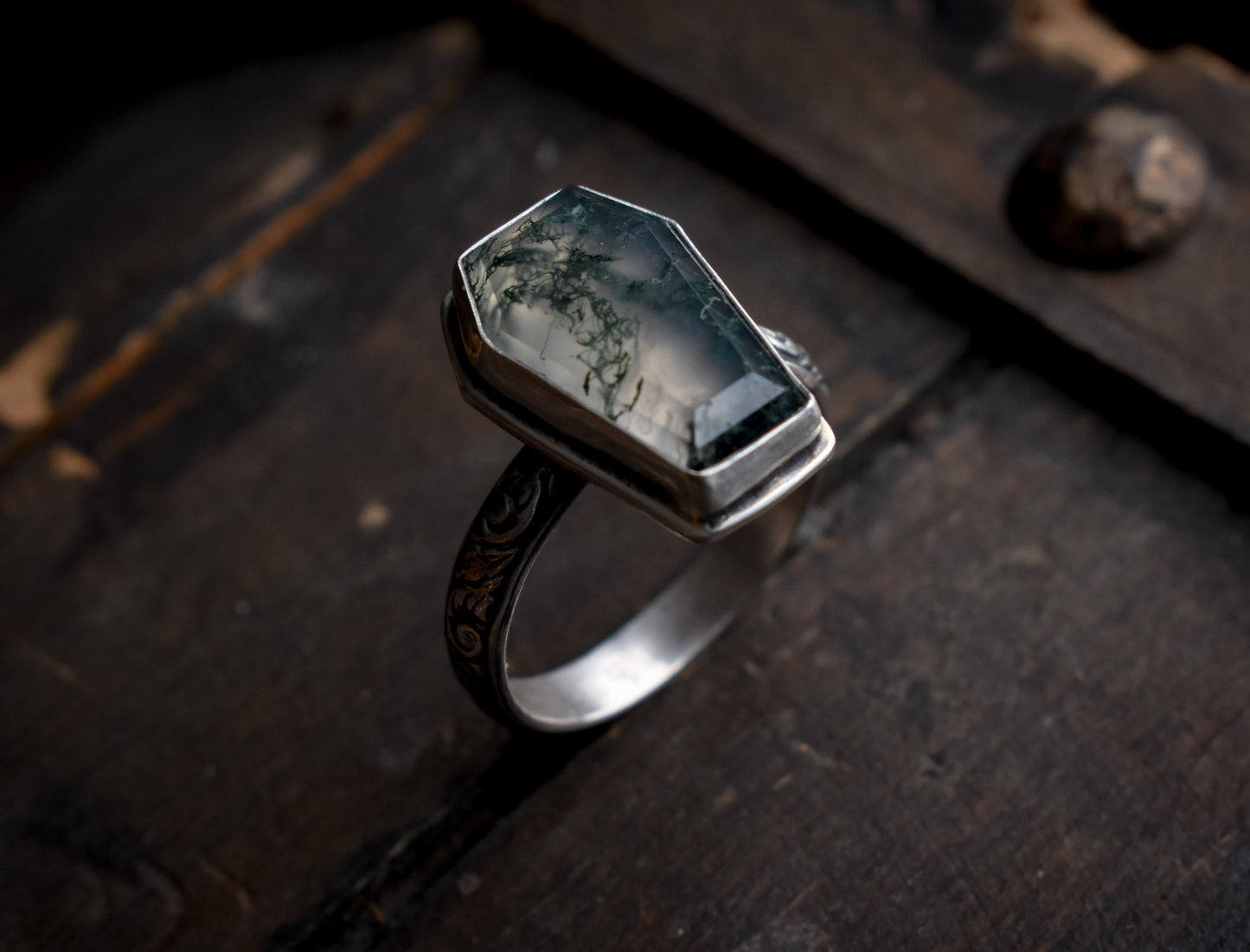 Moss Agate Coffin Ring 9 1/4 US | Sterling Silver