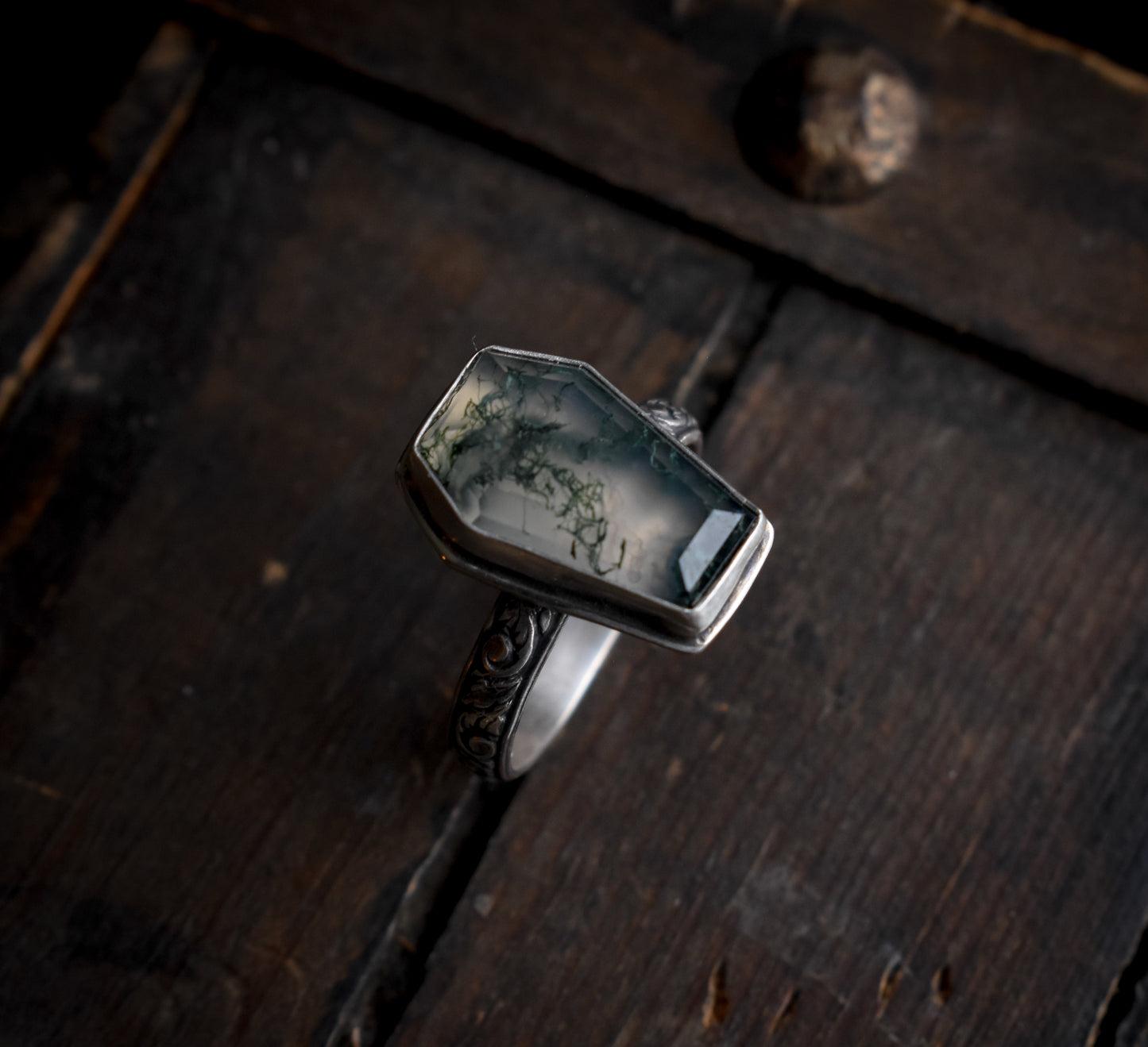 Moss Agate Coffin Ring 9 1/4 US | Sterling Silver