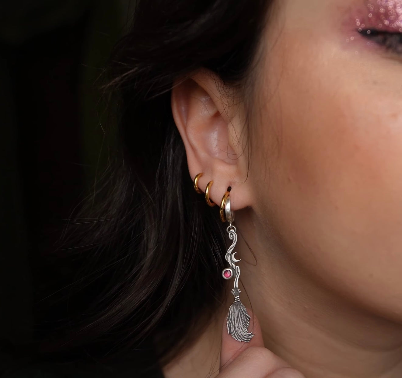 Witchy Whimsical Broom Earrings, Sterling silver.